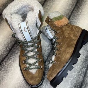 Jimmy Choo Eshe Shearling Lace Up Combat Clove Nutmeg Suede Leather Boots